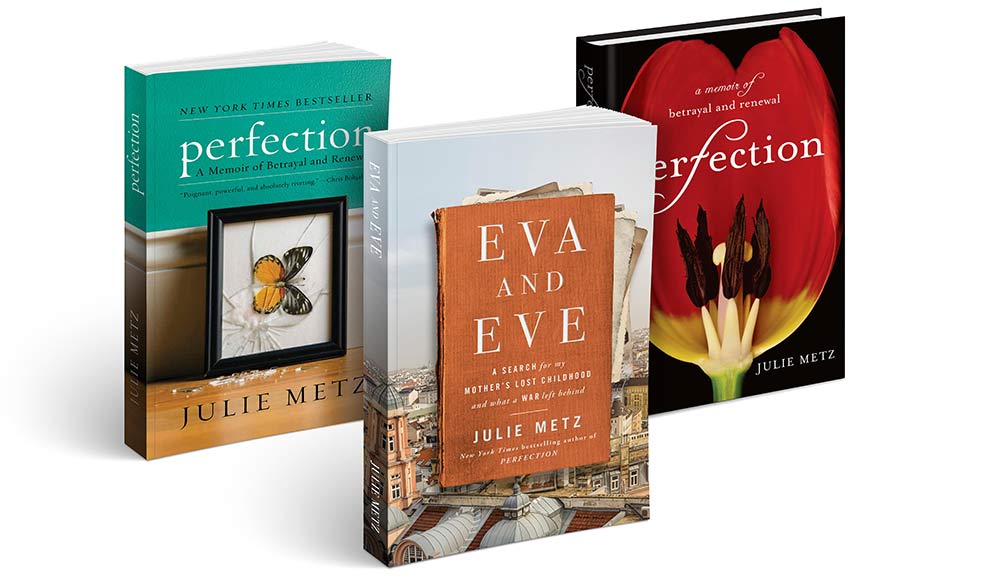 Covers of two books by Julie Metz "Eva and Eve" and "Perfection"